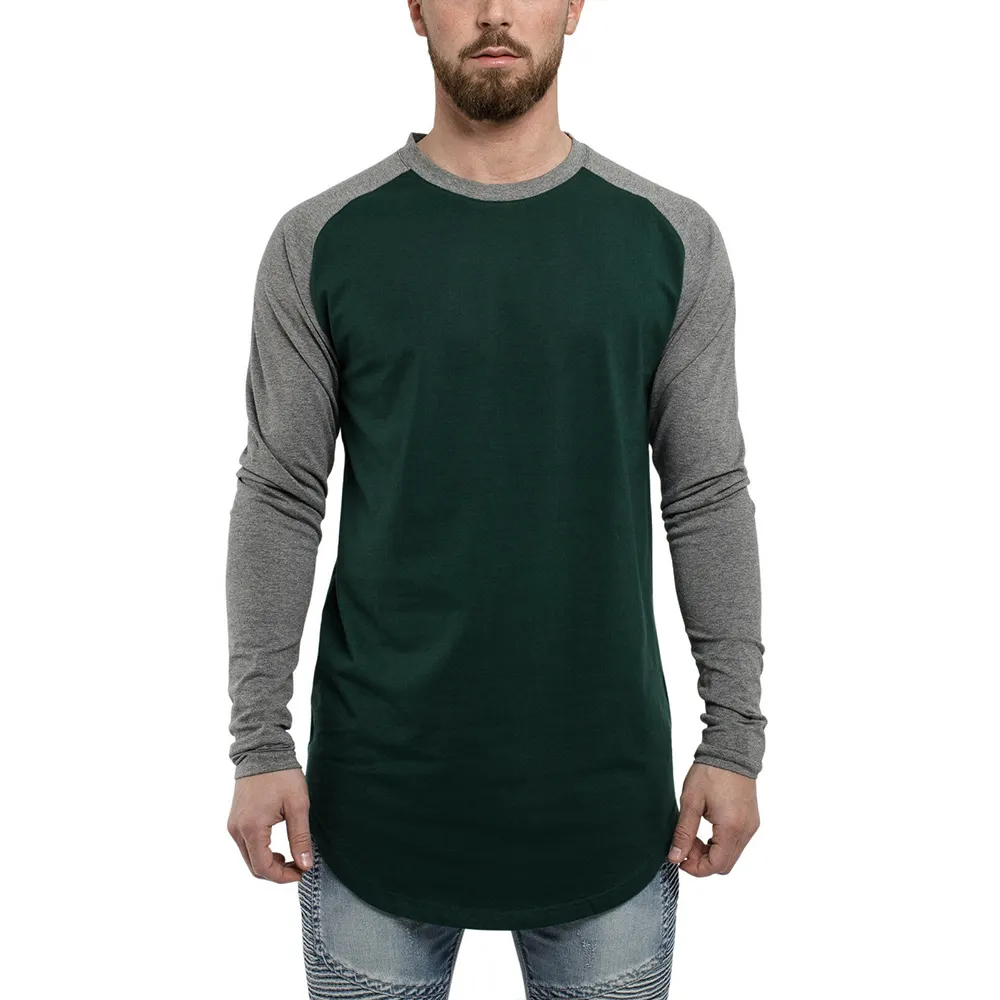 Wholesale Custom Men's Color Block Regular Long Sleeve Cotton T-shirt Tops Heather And Green Combination Raglan Sleeve Shirt