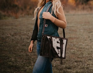 Conwomen Tooled Hairon Tote çanta son batı haftasonu el çantaları kadınlar için geri dönüşümlü tuval deri kolları ile dana çanta - Product Image 4