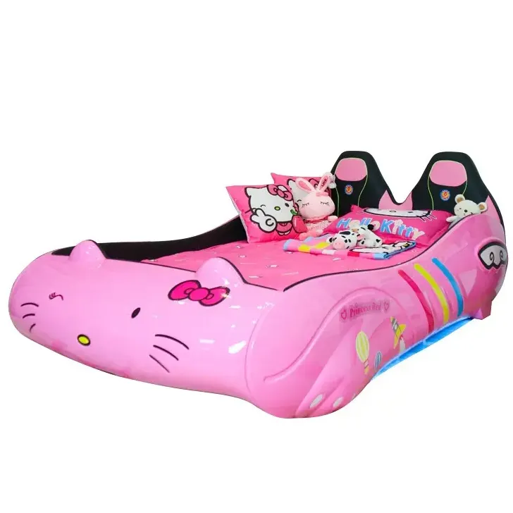 Muebles de dormitorio infantil de alta calidad Hello Kitty Color Rosa cama alta Cama de coche para niña con luz