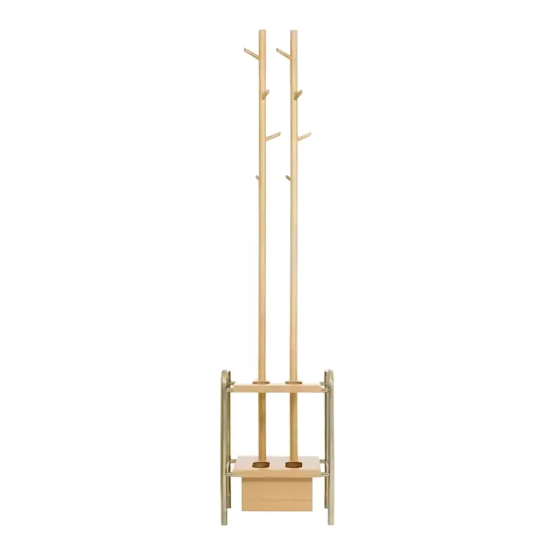 Modern Coat Rack Teak Wood Natural Finish With Metal Legs