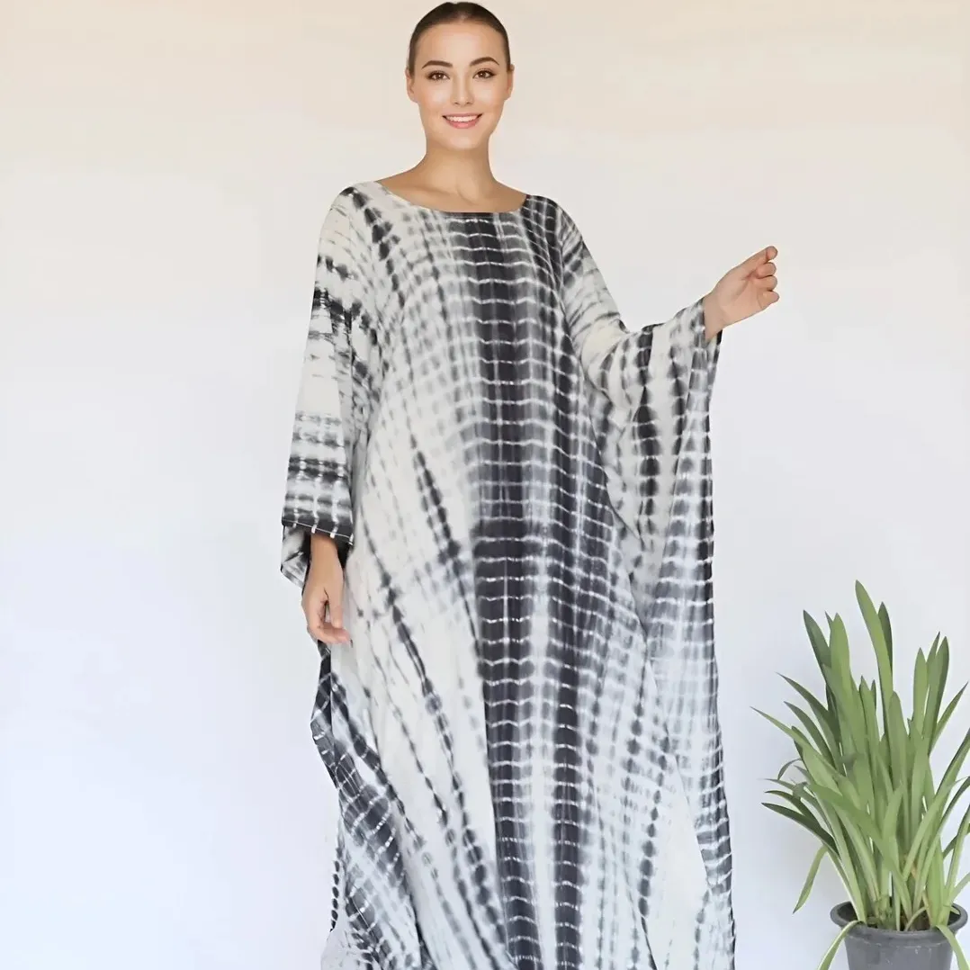 Vestido de algodão kaftan para mulheres altas, vestido de férias feito à mão com gravata e tie-dye, roupa de verão de algodão