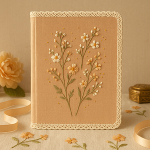 LABON Lace Edge Vintage <strong>Small</strong> Flower Design Warm Floral Embroidered Notebook A5 Apricot Fabric Journal for Gift and <strong>Writing</strong> - Product Image 1