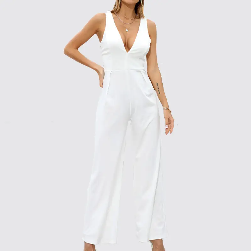 Jumpsuit Wanita Seksi Leher V Rendah Jumpsuit Putih Tanpa Lengan Punggung Terbuka Romper Skinny Jumpsuit Musim Panas Elegan Pesta Wanita Jumpsuit