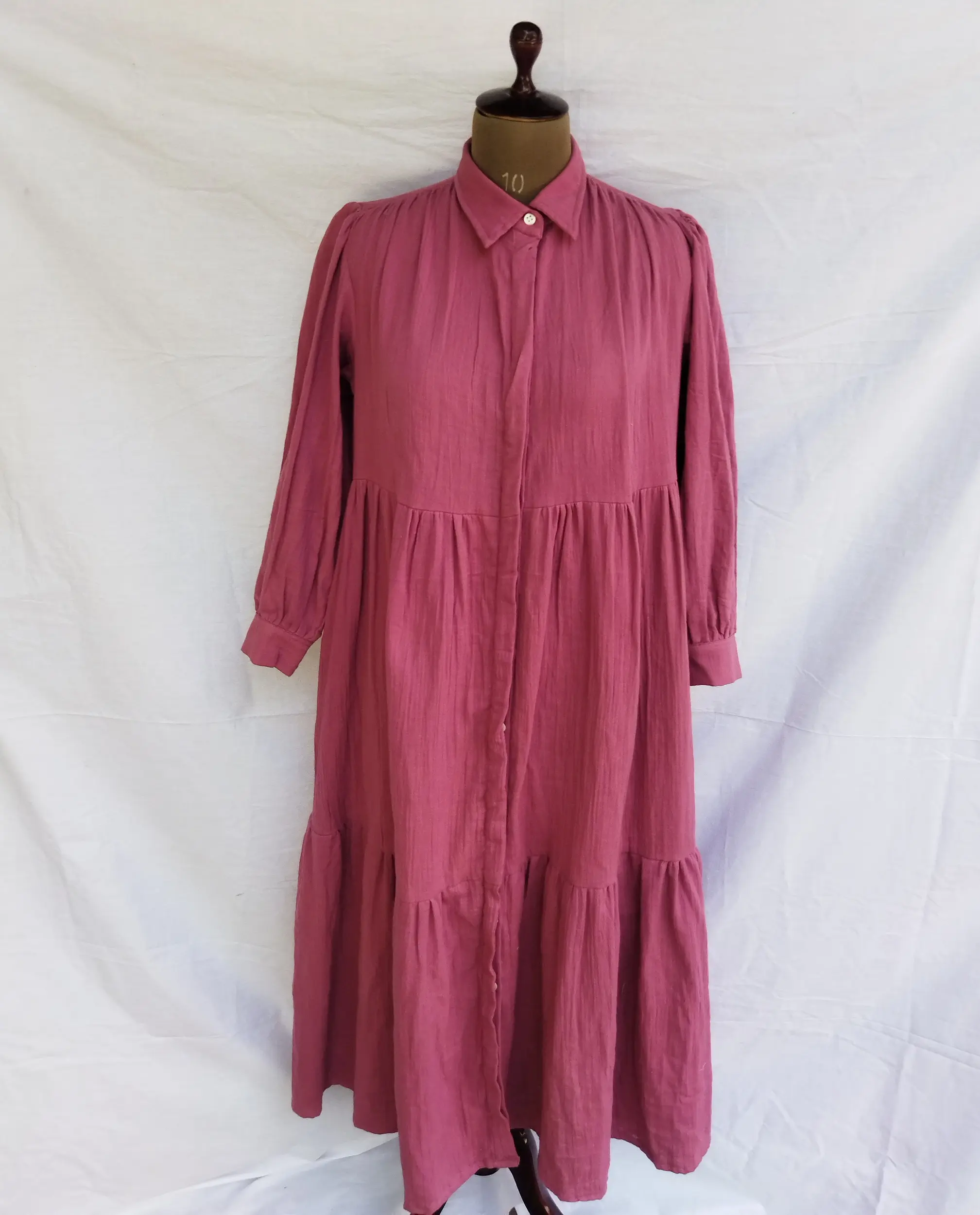 Hermoso Vestido largo de tela de algodón de gasa doble de Color sólido con bolsillos, vestido de ropa de mujer con patrón de camisa de cuello vuelto