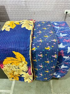 蓝色棉手工Kantha被子，床罩复古被子，旧纱丽床罩Sundance Kantha扔回收织物被子