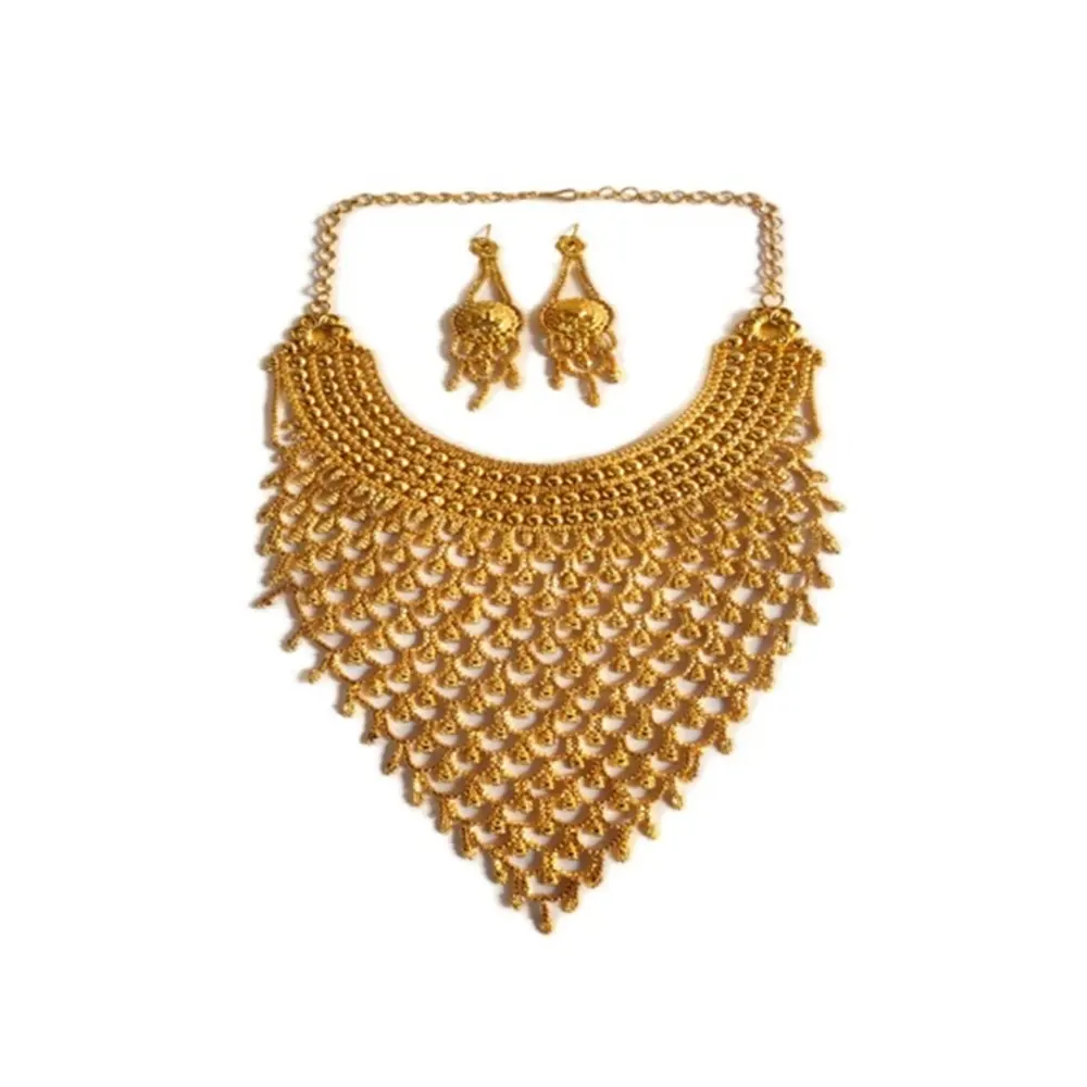 Prezzi di fabbrica 22K placcato oro elegante sposa moderna 6 "lungo da donna collana di nozze pesante Set di orecchini