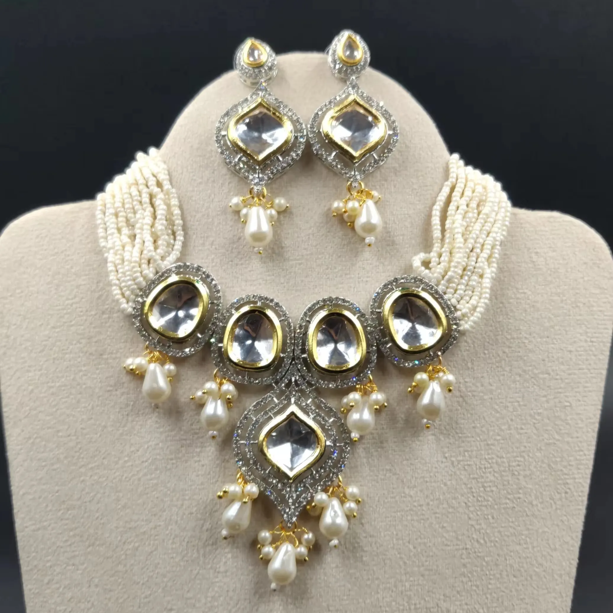 Indian Kundan Bezel Setting Necklace Set with Long Earrings Big stone Multi Color Monalisa stone Adjustable Pearl Wholesale
