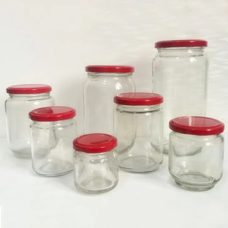 Prix bon marché 25ml 50ml 75ml 100ml bouteille de miel en verre Mini pots de confiture marinades et sauces pot en verre avec couvercle en fer blanc rouge