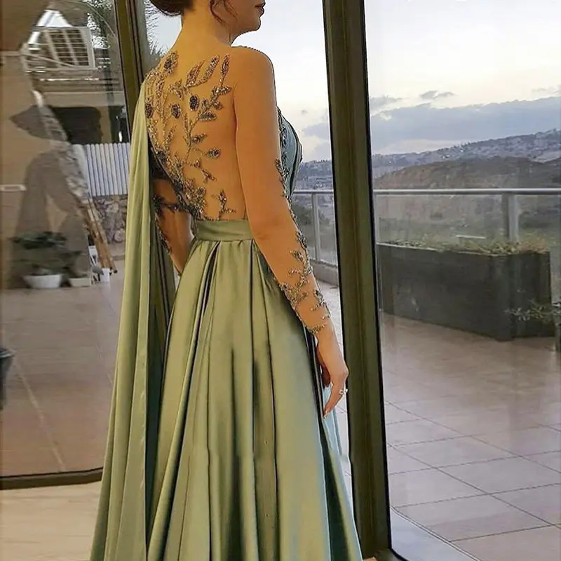 Lscz167-vestido de noche musulmán árabe de un hombro, verde oliva, con capa de manga larga, Dubái, para mujer, vestidos de fiesta de boda elegantes Plus