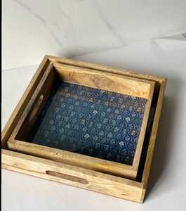木质托盘上菜优雅绿叶图案木质托盘光泽成品芒果木手工雕刻托盘上菜 - Product Image 5