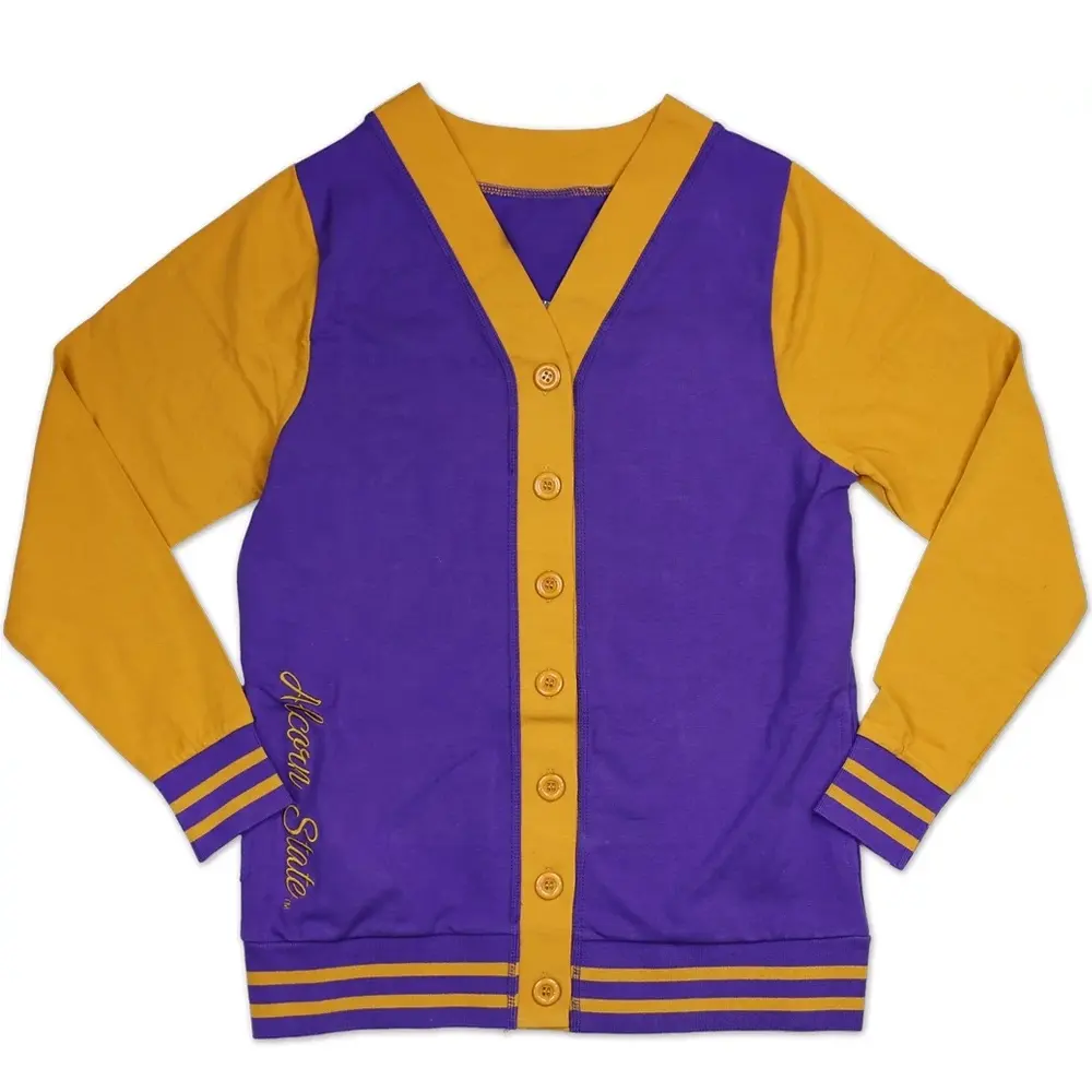 Roxo & Ouro 100% Algodão Liso Bolso Lateral Moda Sororities & College fraternidade Sweaters Cardigans