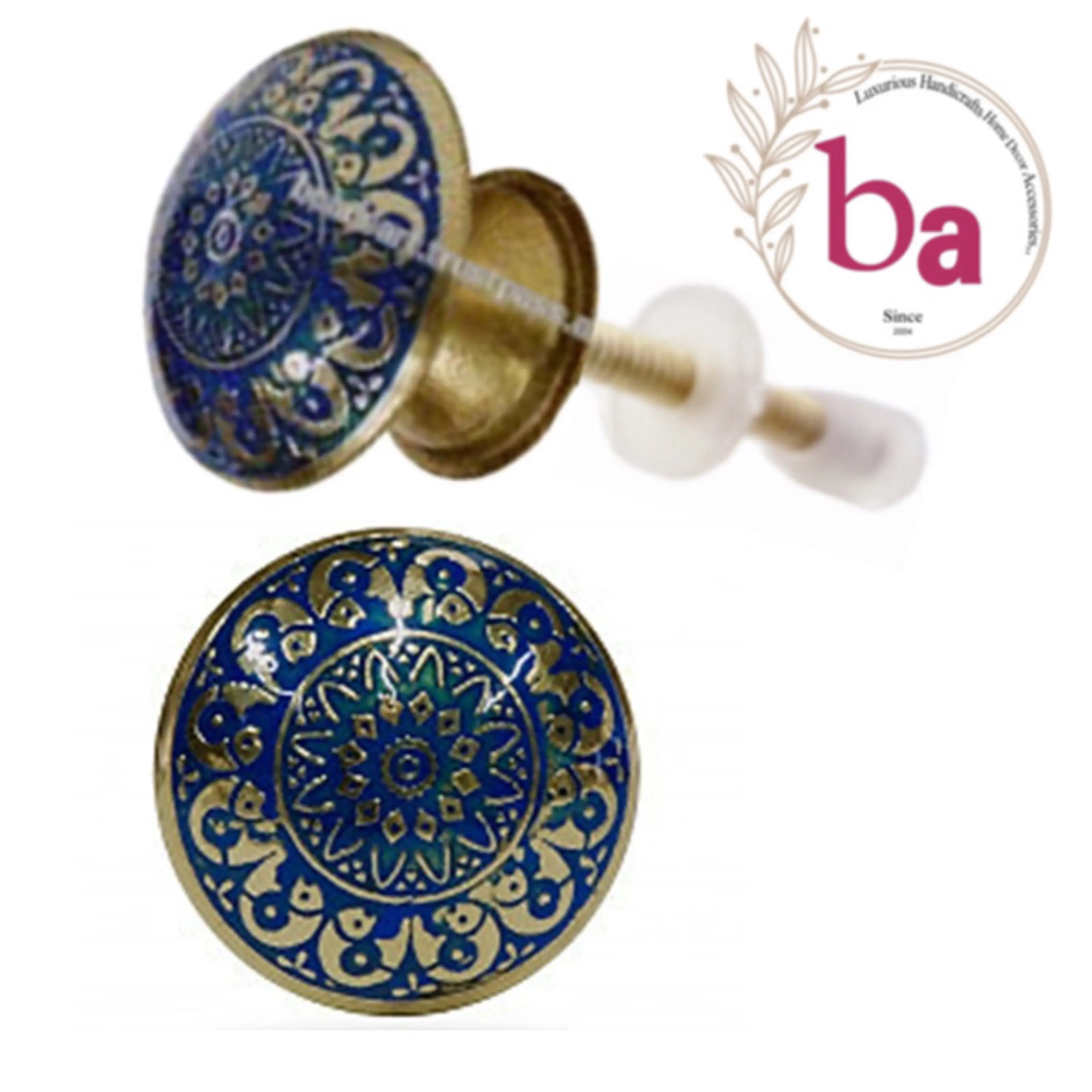 Manopola incisa in ottone blu marocchino manopole e maniglia per armadietto con cassetto floreale dipinto a mano [HBRMW 224]