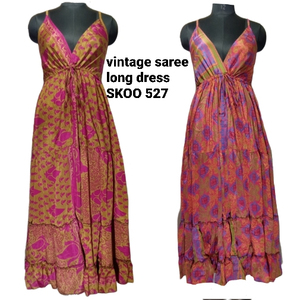 Vintage stil ipek saree kumaş uzun dori elbise şık elbise uzun tasarım katı baskılı elbise çiçek gündelik yaz giyim