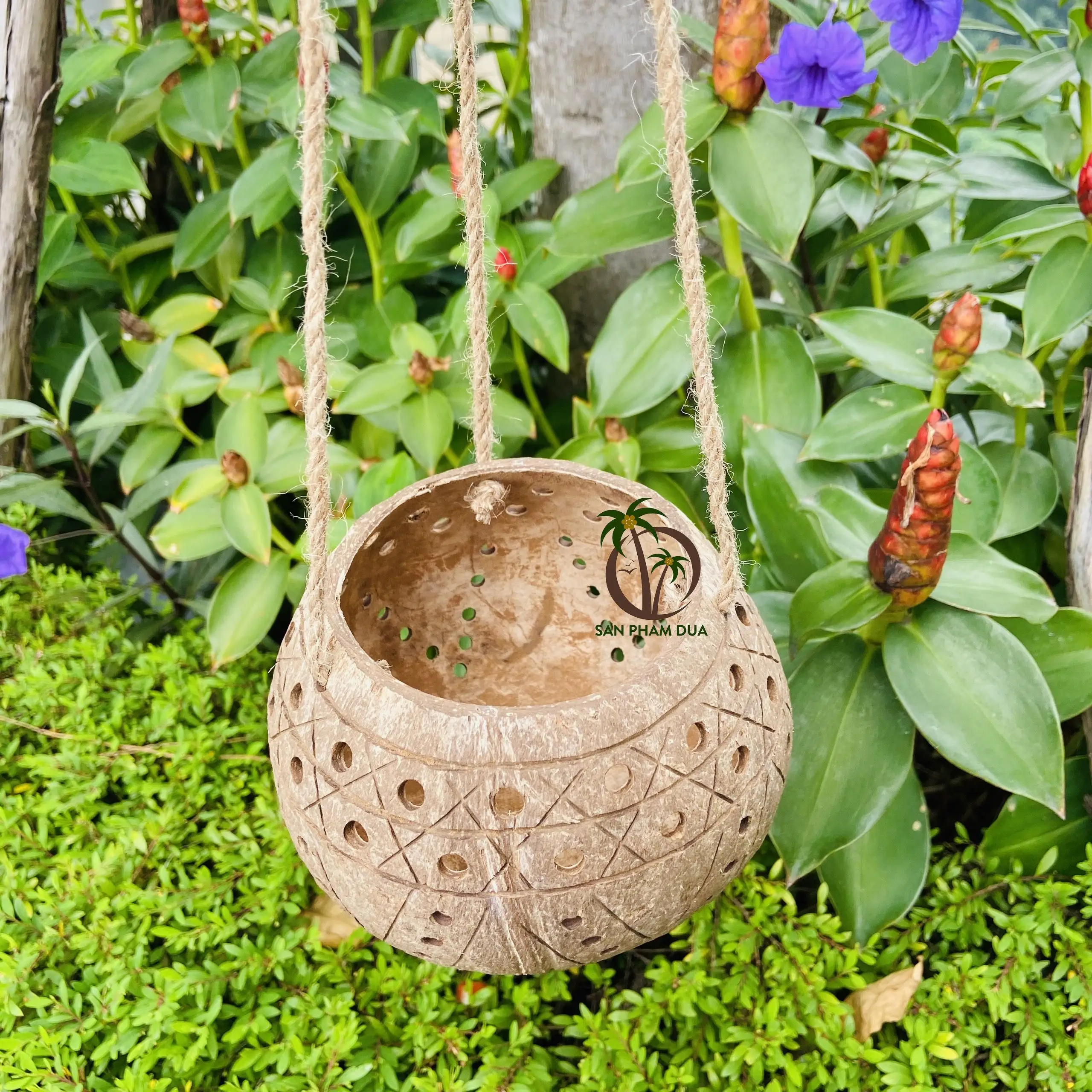 Décorations naturelles pour jardin vente en gros POTS de noix de coco POT de jardin et jardinières faits à la main prix bon marché pour POTS de fleurs suspendus