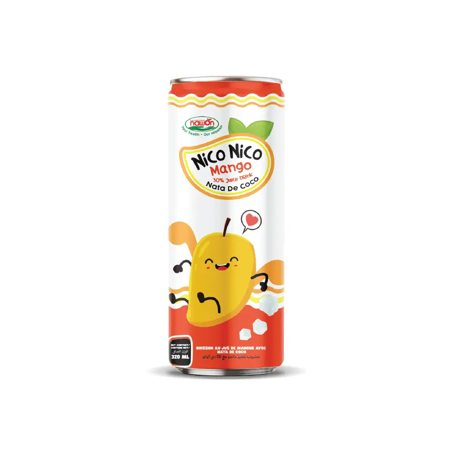 Nata De Coco Mango Juice Drink 30% Fruit Juice Packaged in 320ml Sleek Can Nico Nico Brand Wholesale Supplier Beverage Vietnam