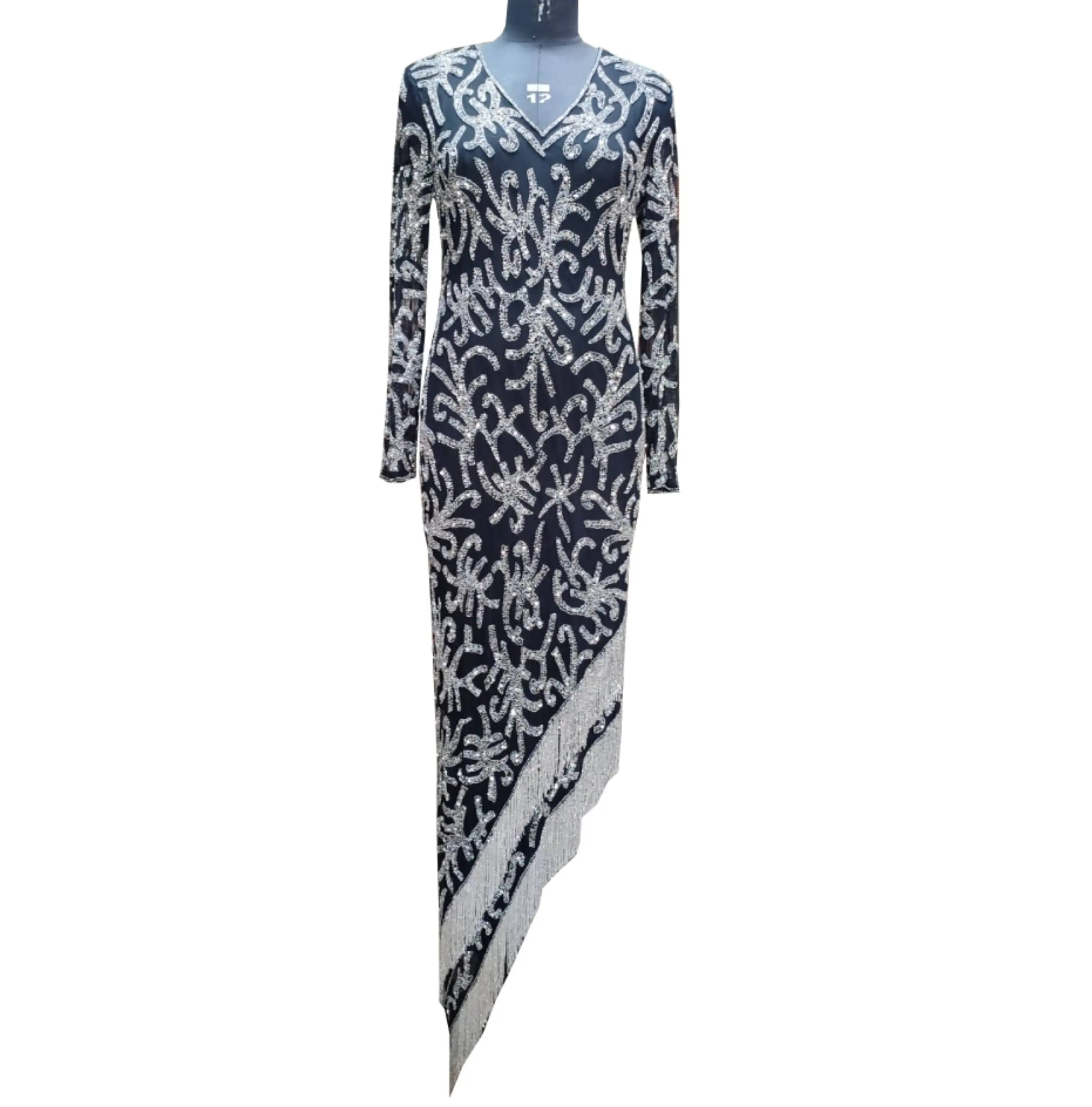 Gaun Malam Lengan Panjang Manik-manik Leher-v Desain Batu Berpayet Kerja Tangan Berat Gaun Pesta Putri Duyung dengan Harga Yang Baik
