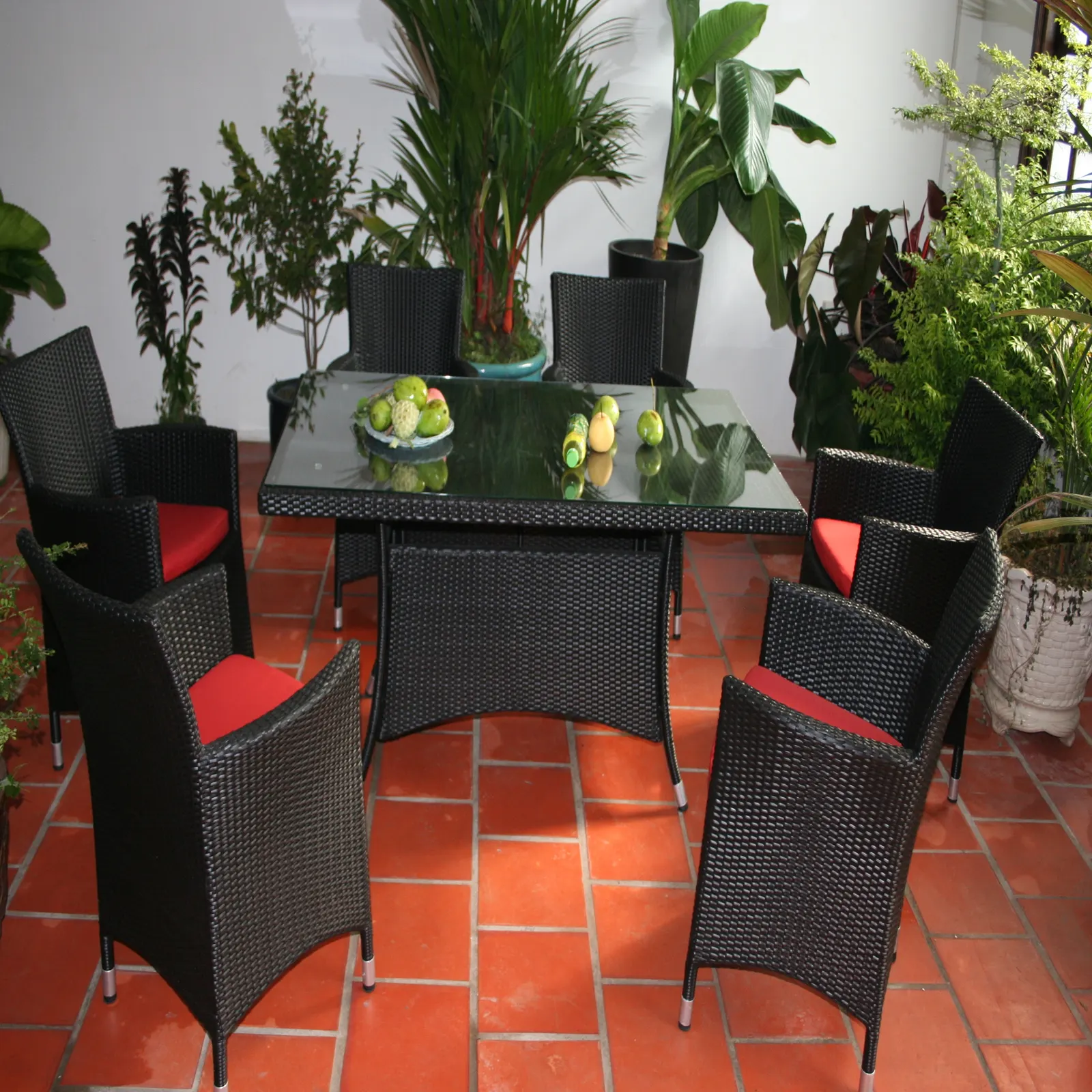 7PCS Pátio Rattan Jantar Set Braço Almofada Cadeira Mesa