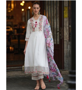 MF Embroidered Chanderi Silk A-line Kurta Gota Set Custom Casual Ethnic Women Dress Tops and Pants Suit by Export - Product Image 1