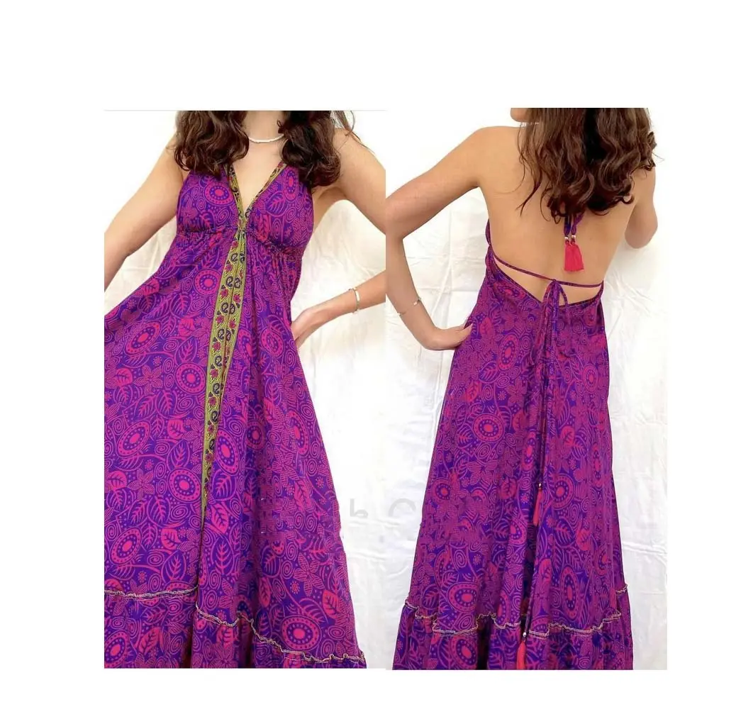 Großhandel Lote Damen Sari Seide Maxikleid bohème Kleid Vintage handgefertigt Abend Sommer Strandbekleidung Feiertag Festivalkleid