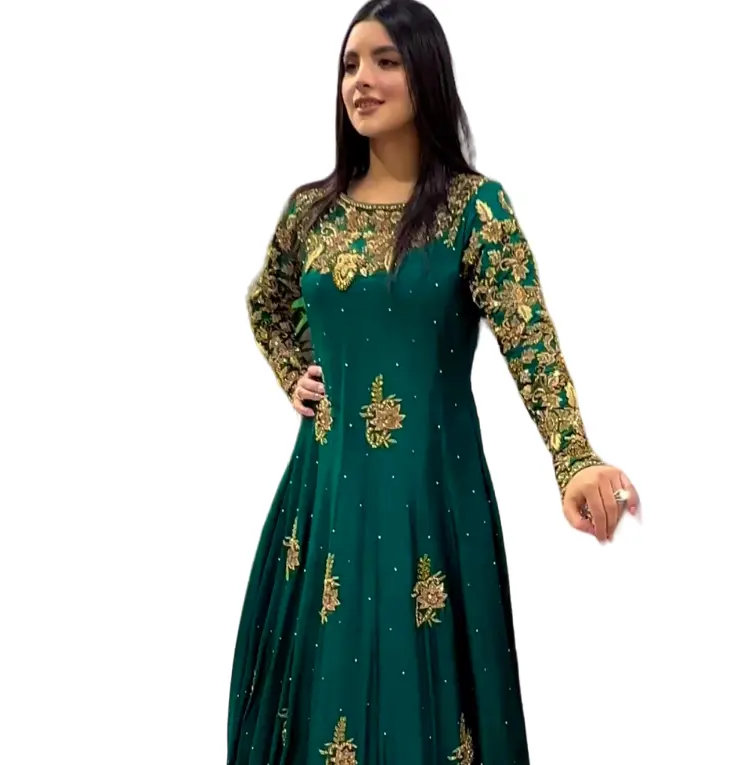 Vestido longo indiano Readymade & conjunto Dupatta, verde costura completa falso Georgette com roupa de festa de trabalho bordado lantejoulas para mulheres