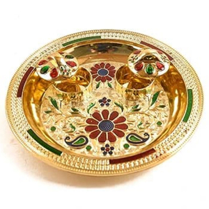マルチカラーMeenakariフラワーデザインPoojaThali 6 INCH Kankavatiグリーンゴールデンピーコックラキブラザー/バイ装飾トレイ用 - Product Image 4