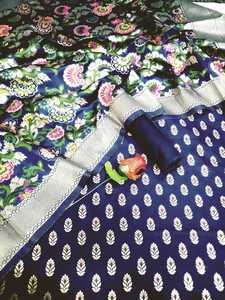 定制蓝色锦缎丝绸纱丽，花卉刺绣，非常适合印度服装店转售 - Product Image 5