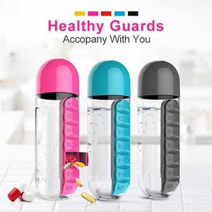 Akıllı 650ML plastik Drinkware su şişesi kapak ile <span class=keywords><strong>Set</strong></span> ve yerleşik günlük hap kutusu oturma odası ve yatak odası için uygun