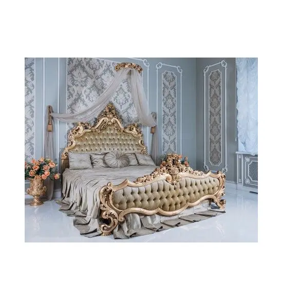 Cama tamaño King con adorable trabajo de tallado en el descanso delantero y trasero Cubierta de cama de decoración de dormitorio de lujo