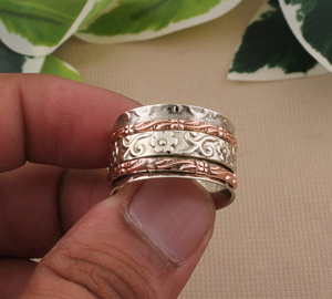 Hoa Mô Hình Vòng Spinner 925 Bán Bạc Với Ban Nhạc Đồng Handmade Bạc Thiền Nhẫn Cổ Điển Boho <span class=keywords><strong>Fidget</strong></span> Nhẫn Đối Với Phụ Nữ - Product Image 3