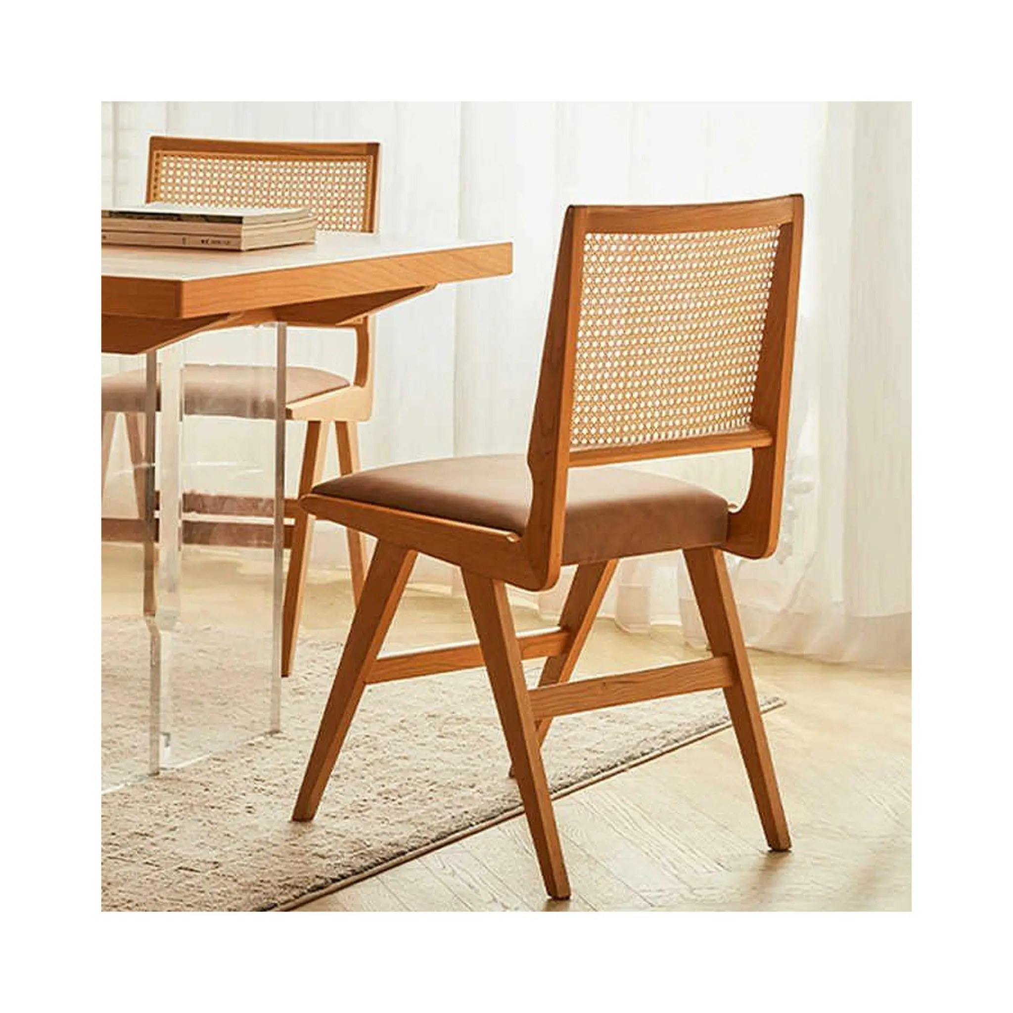 Chaise nordique Simple en bois massif pour hôtel, chaise pliante en rotin vietnamien, chaise de salle à manger en rotin en plein air, cadre en bois avec siège en rotin