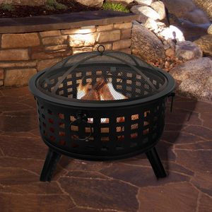 TMH <strong>Round</strong> Steel Mesh-Covered Fire Pit With Decorative Cutouts, Portable Handles for <strong>Patio</strong>, Backyard, and Outdoor Use - Product Image 1