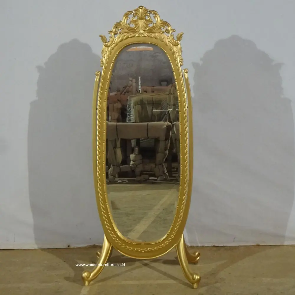Specchio da terra dipinto in oro specchio da pavimento ovale in legno lungo telaio grande con intaglio a mano progettato per mobili in stile europeo