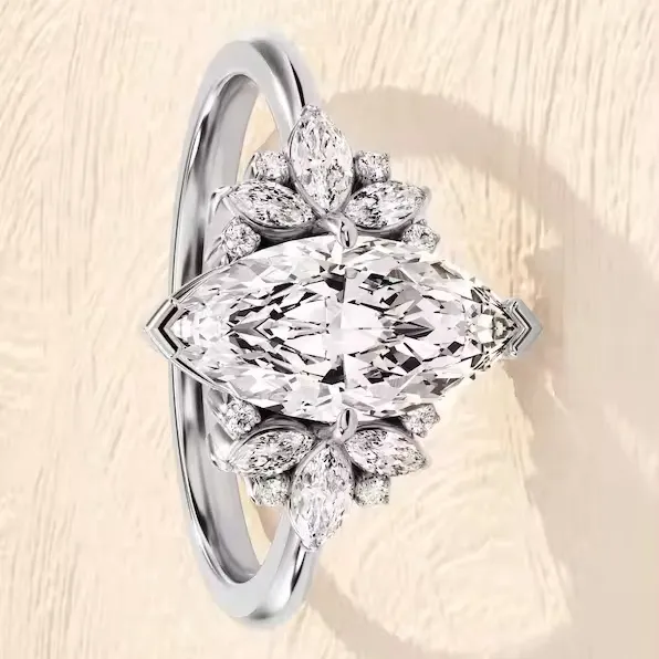 1.50 CT Marquise Moissanite anello di fidanzamento con pietre laterali Marquise anello a grappolo diamante sfaccettato Moissanite gioielli