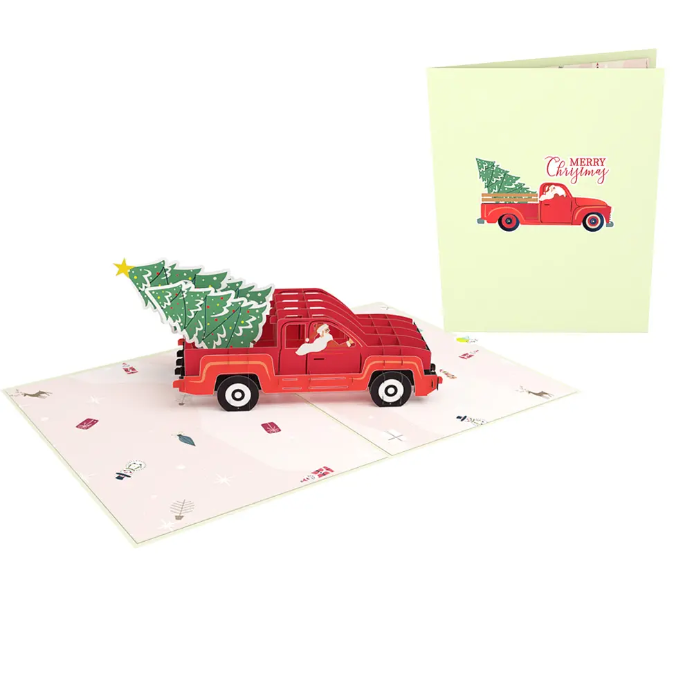 Santa Riding Xmas Car 3D Pop Up Card Servicio OEM Fabricante directo en Vietnam Tarjeta de regalo de Navidad para seres queridos