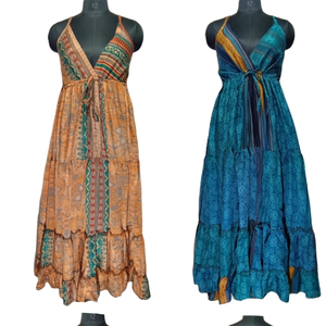 Vintage stil ipek saree kumaş uzun dori elbise şık elbise uzun tasarım katı baskılı elbise çiçek gündelik yaz giyim