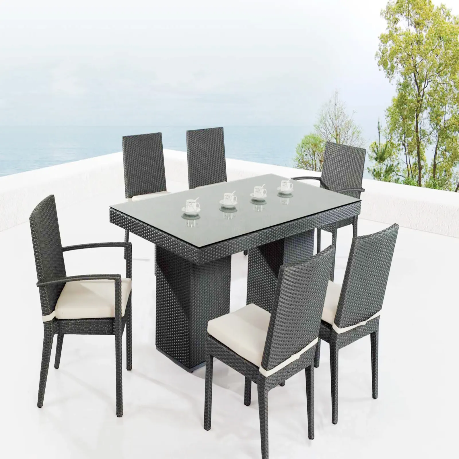 Juego de comedor Juego de muebles de exterior de ratán con mesa rectangular grande y silla de comedor de mimbre acolchada-Patio exterior de 7 piezas