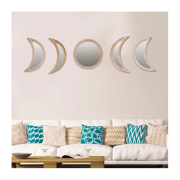 مرآة حائط على شكل القمر مصنوعة يدويًا من الخيزران الطبيعي لتزيين المنزل