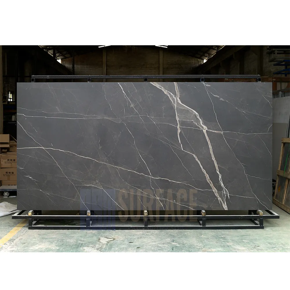 Глянцевые фарфоровые полы толщиной 12 мм, большой размер, черный спеченный камень для кухонного столешницы