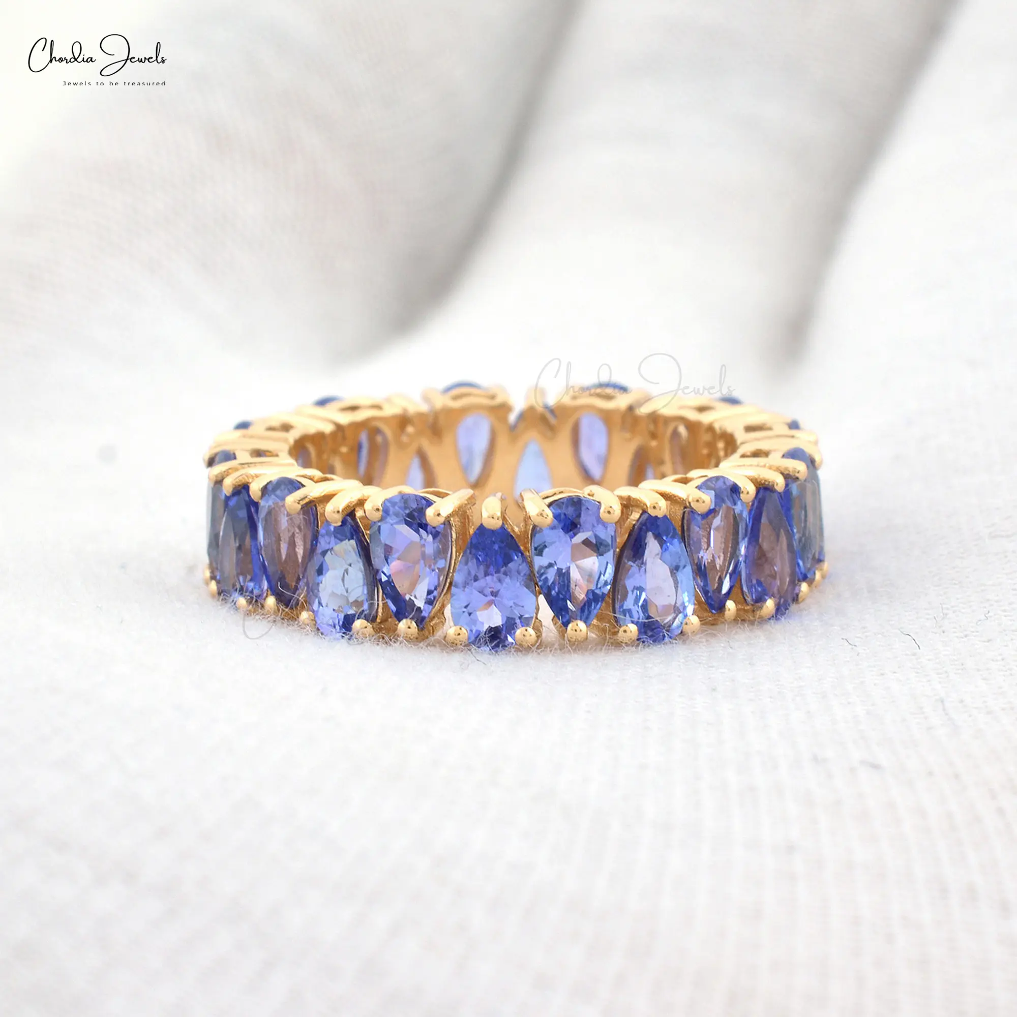 Tanzanite or éternité bande 14k or jaune bague de fiançailles éternité 5 Ct poire pierre précieuse bague décembre pierre de naissance bague en gros