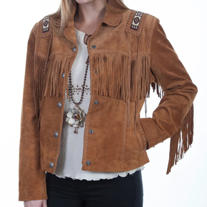 Amerikan tarzı moda boncuklu uzun kollu hakiki inek deri saçak batı ceket Cowgirl kahverengi deri kadın batı ceket - Product Image 1