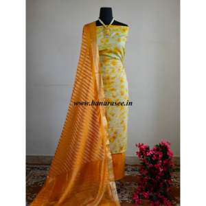 Banarasee Shibori boyalı Chanderi Salwar Kameez kumaş sarı Zari Dupatta-beyaz