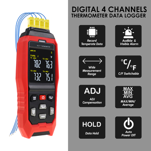 Termómetro termopar K/J/ T Datalogger Pantalla de 4 canales con registro de datos en tiempo real Alarma visible y compensación ADJ