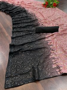印度设计师女式真丝纱丽亮片最新花式派对服装和婚礼系列纱丽