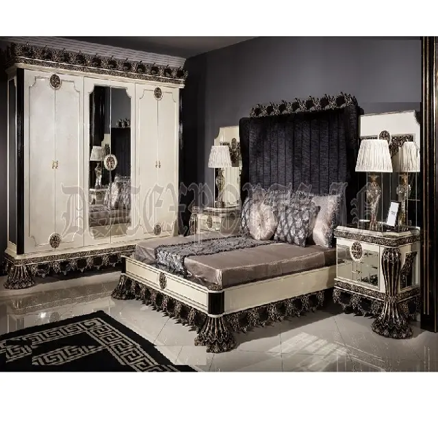 Conjunto de muebles de dormitorio con acabado metálico turco, juego de muebles de dormitorio con acabado Majestic, Villa Real tallada a mano