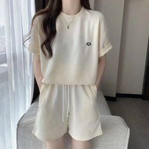 女性用女性用スポーティなトラックスーツセットハイウエスト半袖Tシャツドローストリング付き弾性ウエストショーツ女性用