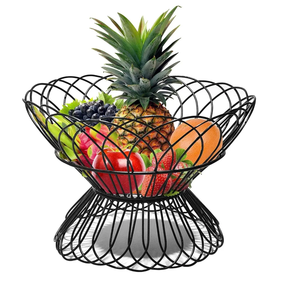 Cesta de fruta de alambre de Metal barata al por mayor de fábrica moderna, cuenco de almacenamiento, Frutero de cocina, Color negro de forma redonda para sala de estar