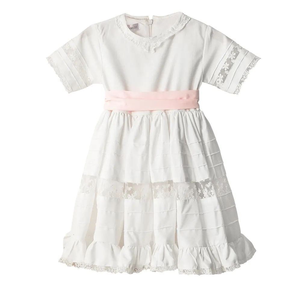 Collegare abito in pizzo da bambina in cotone, maniche corte bianche, cintura rosa collezione 2024 in stile principessa-abito Durra