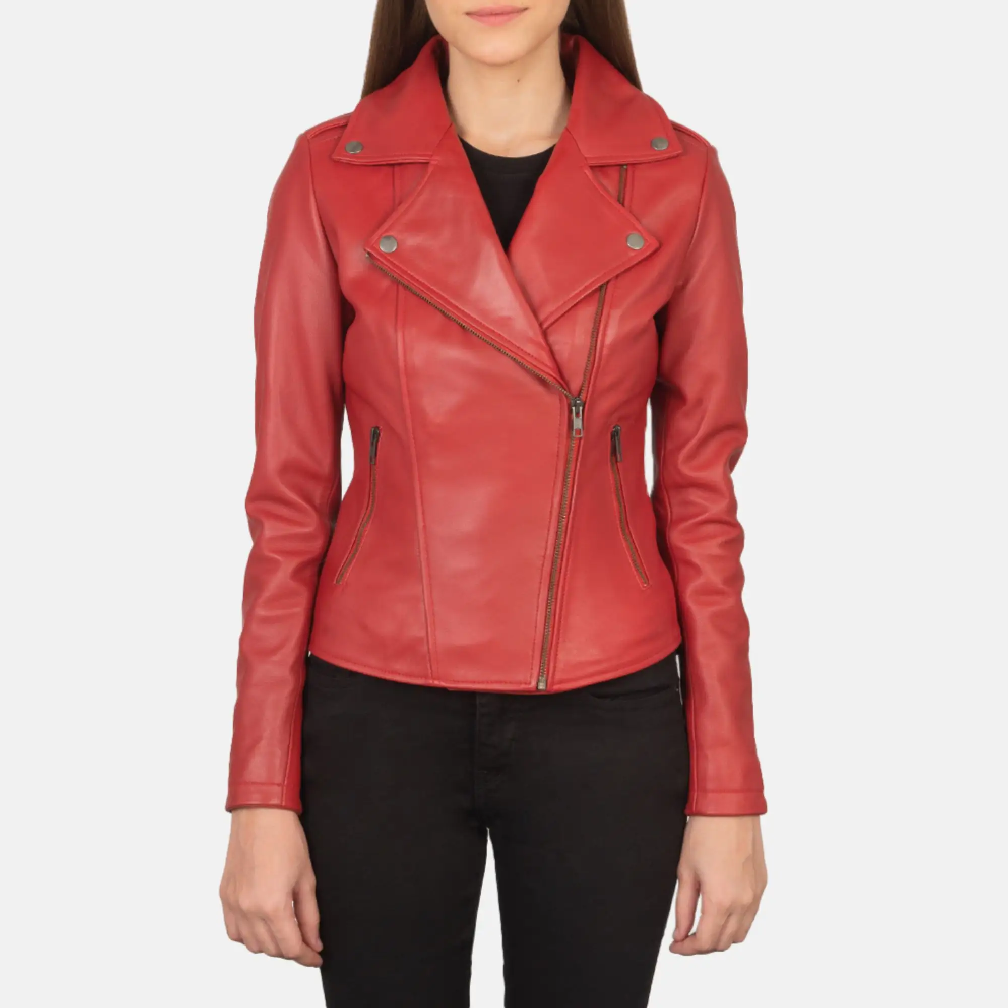 Gerçek deri koyun derisi Aniline fermuar Flashback kırmızı kadın Biker ceket kapitone viskon astar ve iç dış cepler