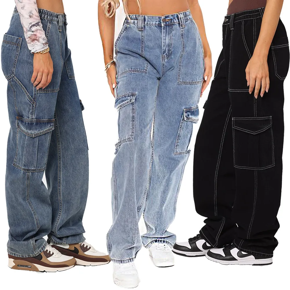 MOQ 1PCS Casual Lavado Calças Retas Calças Jeans Baggy Senhoras Rua Preto Denim Mulheres Jeans Calças de Carga Jeans Namorado Para As Mulheres