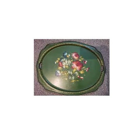 صواني تقديم معدنية فاخرة للديكور مصمم طلاء طبيعي كلاسيكي طباعة زهور لون أخضر غطاء معدني